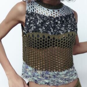 Zara Open Knit Mesh Vest L Green Blue Layering Top